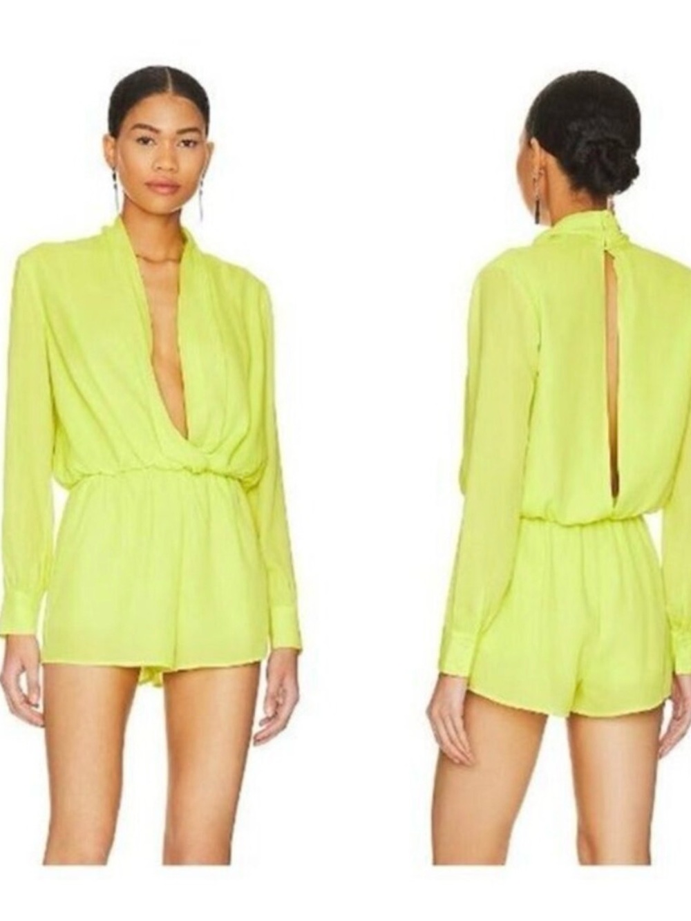 Revolve Superdown Kaycie Drape Neck Neon Lemon Long Sleeve Plunge Romper L